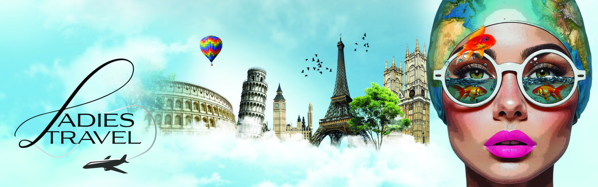 Ladies Travel main travel banner showing Colosseum, Leaning Tower of Pisa, Big Ben< Eiffel Tower and Notre Damme
